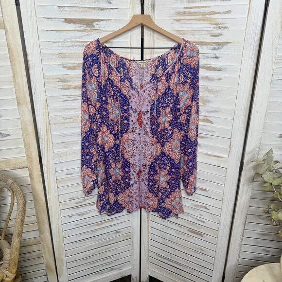 LUCKY BRAND Women's PLUS 3X Floral Print Button Popover Blouse Peasant Top - Picture 15 of 16